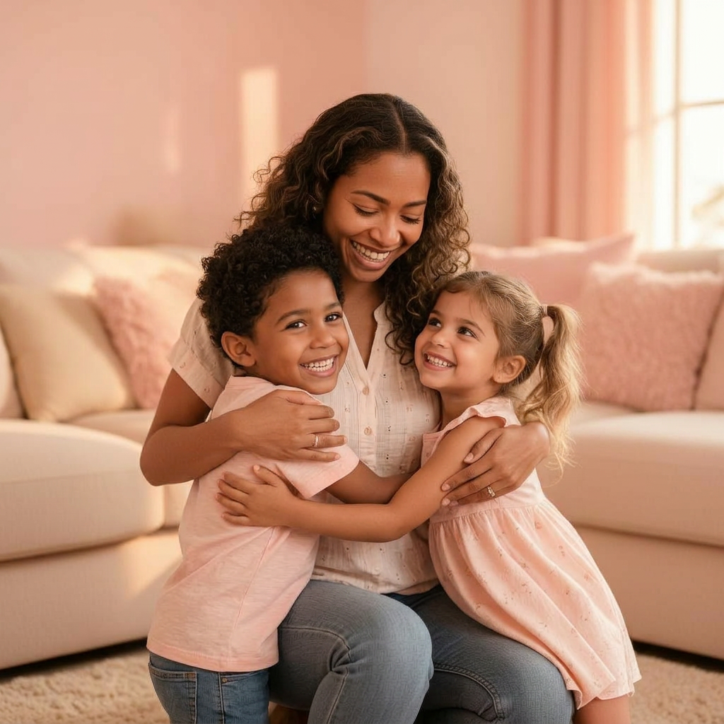Mãe abraçando sua filha sorrindo, leveza e paz em casa